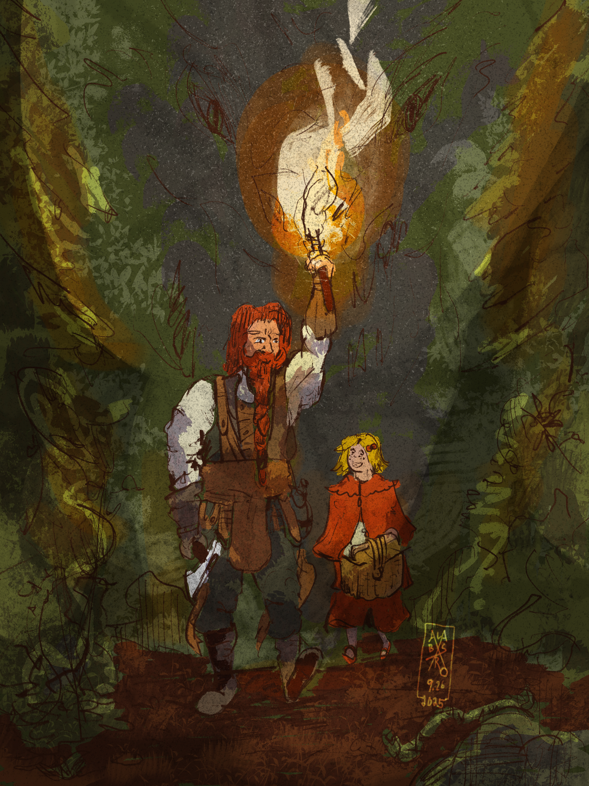 A fantasy illustration of two characters walking through a dark, mossy forest. The taller figure has red hair and beard, wearing a white shirt and brown vest while holding a glowing lantern.