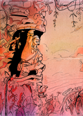 A stylized artwork depicting a rugged figure standing in a giant carved tiki mask, surrounded by tropical foliage and a soft pink, peach, and purple sky. The composition uses expressive linework and broad color blocks, with no visible product packaging or real environment.