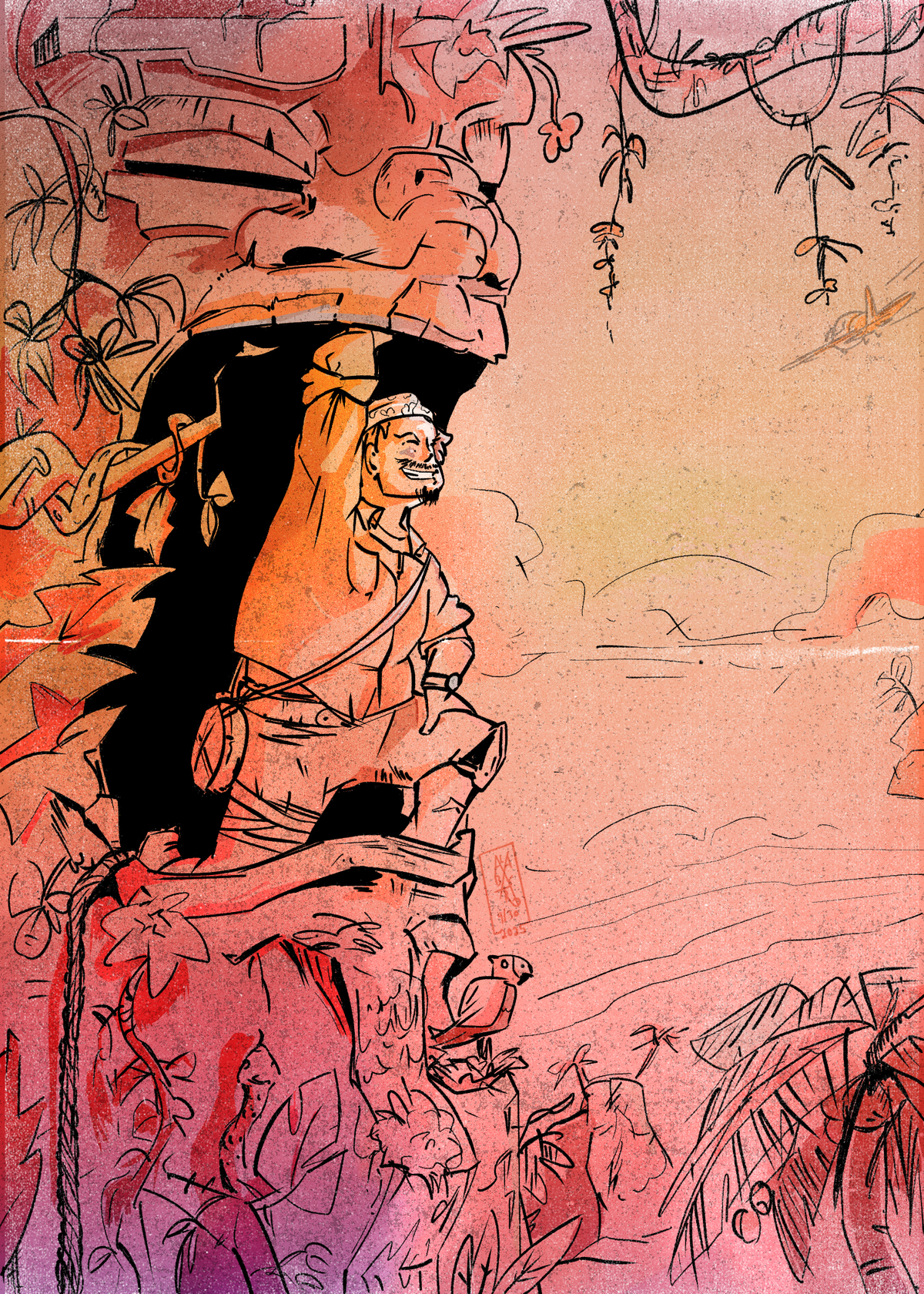 A stylized artwork depicting a rugged figure standing in a giant carved tiki mask, surrounded by tropical foliage and a soft pink, peach, and purple sky. The composition uses expressive linework and broad color blocks, with no visible product packaging or real environment.